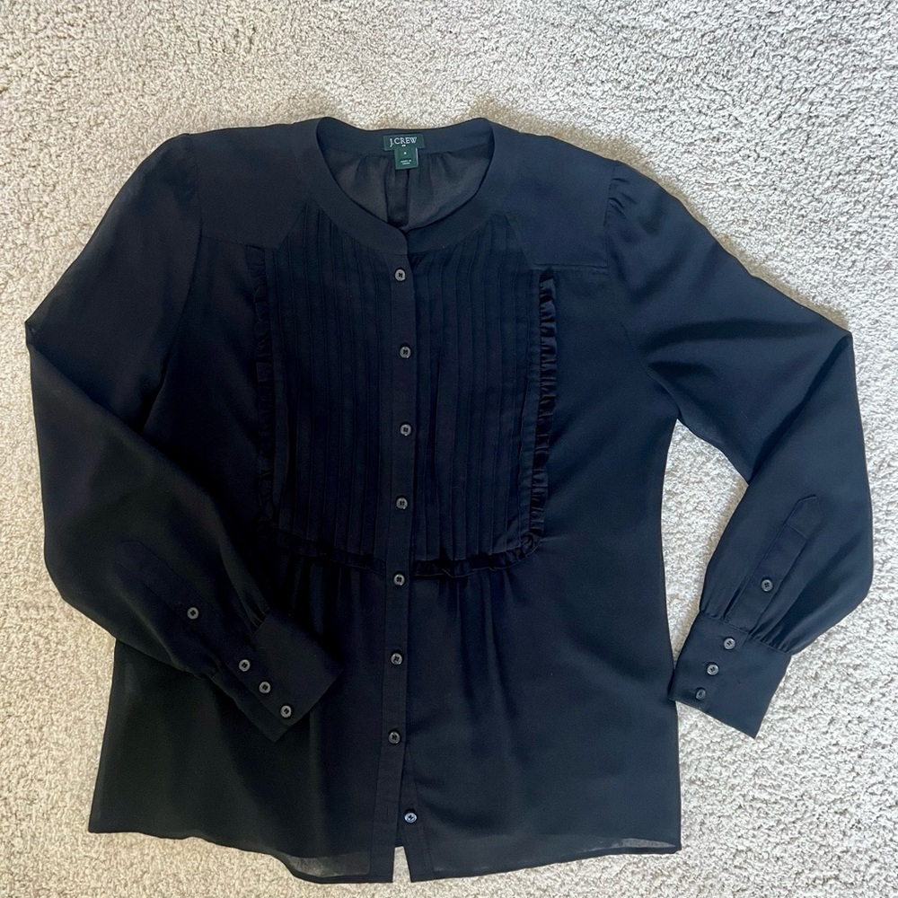 J Crew Black Button-Up Blouse with ruffle detail Size 6